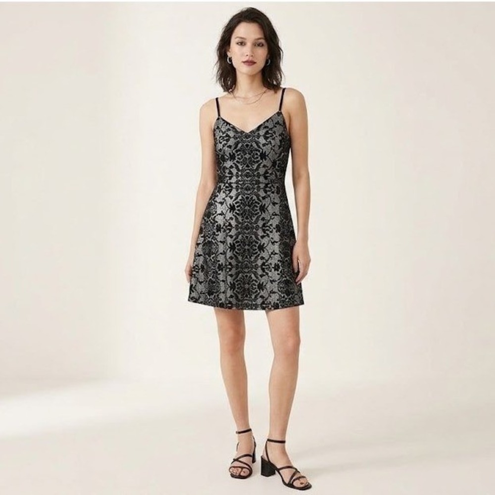 Maurices NEW Black Silver Metallic Flocked‎ Fit & Flare Cocktail Dress Size L